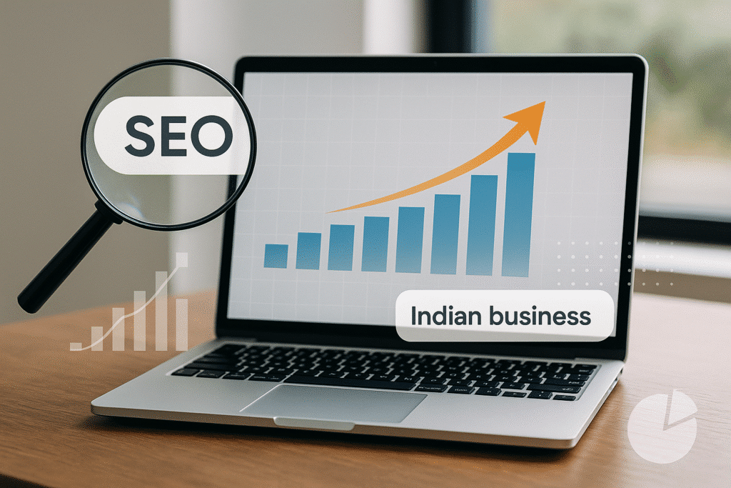 Laptop showing a rising bar graph with an SEO magnifying glass and an Indian business search result, representing the role of SEO in improving visibility and growth for companies in India.- SEO Strategy