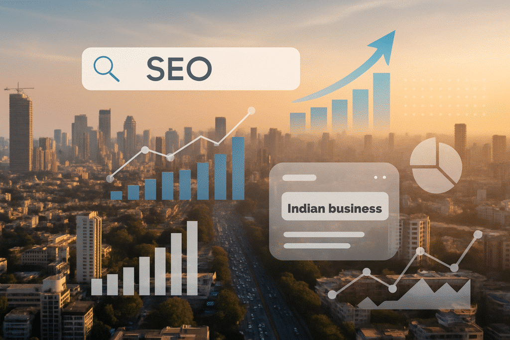 “Mumbai city skyline with digital SEO graphics including search bar, growth charts, and analytics icons, symbolizing the importance of SEO for Indian businesses.”